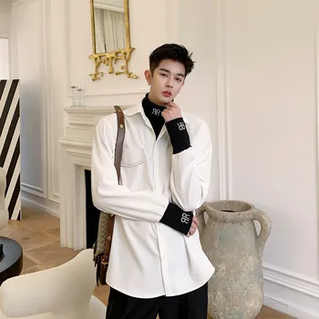 

Men 2 Pieces Splice Pullover Casual Long Sleeve Shirts Male Vintage Fashion High Street Hip Hop Shirt