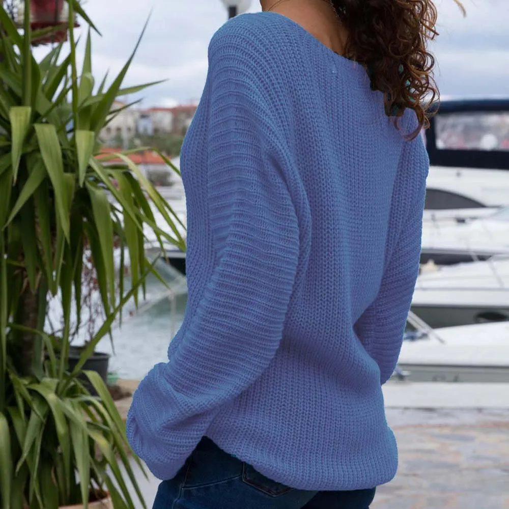 Осень, женский синий пуловер с v-образным вырезом, свитер, свободный однотонный Повседневный свитер, большие размеры, черные пуловеры
