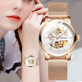 

2020 Hot HAIQIN Women Watch Automatic Mechanical Watch Sport Clock Casual Ultra Slim Wristwatch Gold Lady Gift Relogio Feminino
