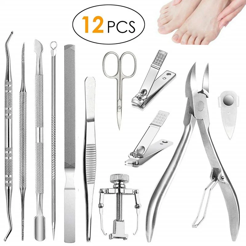 Professional Pedicure Tools Ingrown Toenail Tools Kit Nail Care Ingrown Toenail Removal Correction Clippers Foot Care 12 Pcs/Set pets nail clippers