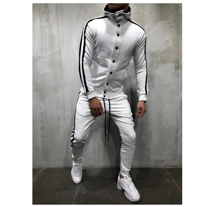 The Fashion LeisureButtonTracksuit Men Set Sport 2 Pieces Sweatsuit Mens Clothes Printed Hooded Hoodies Jacket& Pants Track Sui - Цвет: White