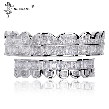 

New Plated HIP HOP Teeth Grillz Top & Bottom Grills Set With Silicone Real Shiny Grill Sets Bling AAA Cubic Zircon Men Jewelry