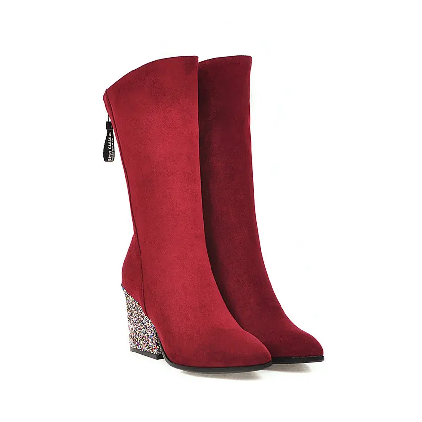 QUTAA/ г. Пикантные элегантные сапоги до середины икры с острым носком на молнии модная женская обувь из флока на высоком квадратном каблуке осень-зима большие Size34-43 - Цвет: Бордовый