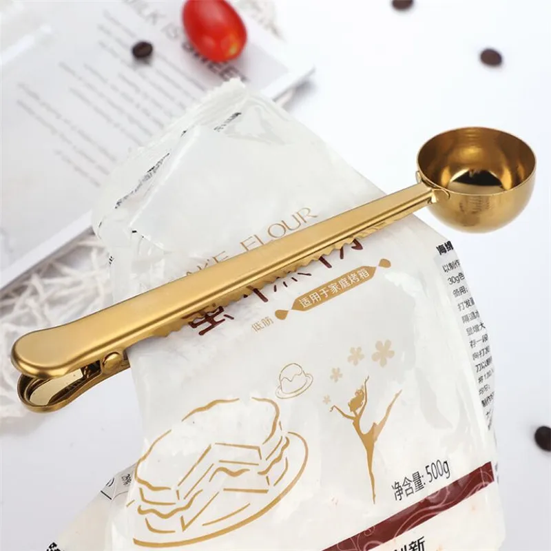 Gold Silver Multifunction Kitchen Supplies Coffee Scoop With Clip Stainless Steel Tea Measuring Cup Scoop Spoons