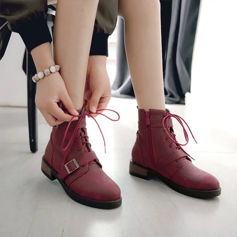 Новое поступление; Женская прогулочная обувь; женские ботильоны с пряжкой; ботинки на низком каблуке; женские теплые зимние ботинки с круглым носком и перекрестной шнуровкой