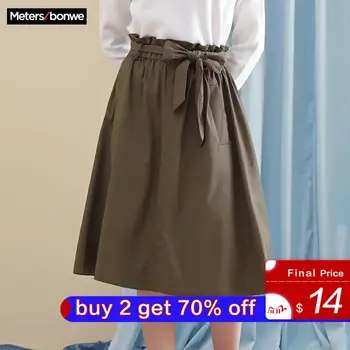 

Metersbonwe Summer Women Vintage Mid-length Skirt New Casual Korean Version Trend Sashes Skirt for Office Lady 758304