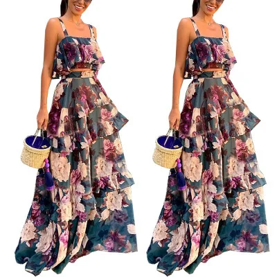 

Hot selling women's chiffon long embroidered skirt printed suspender Top + lotus leaf skirt set