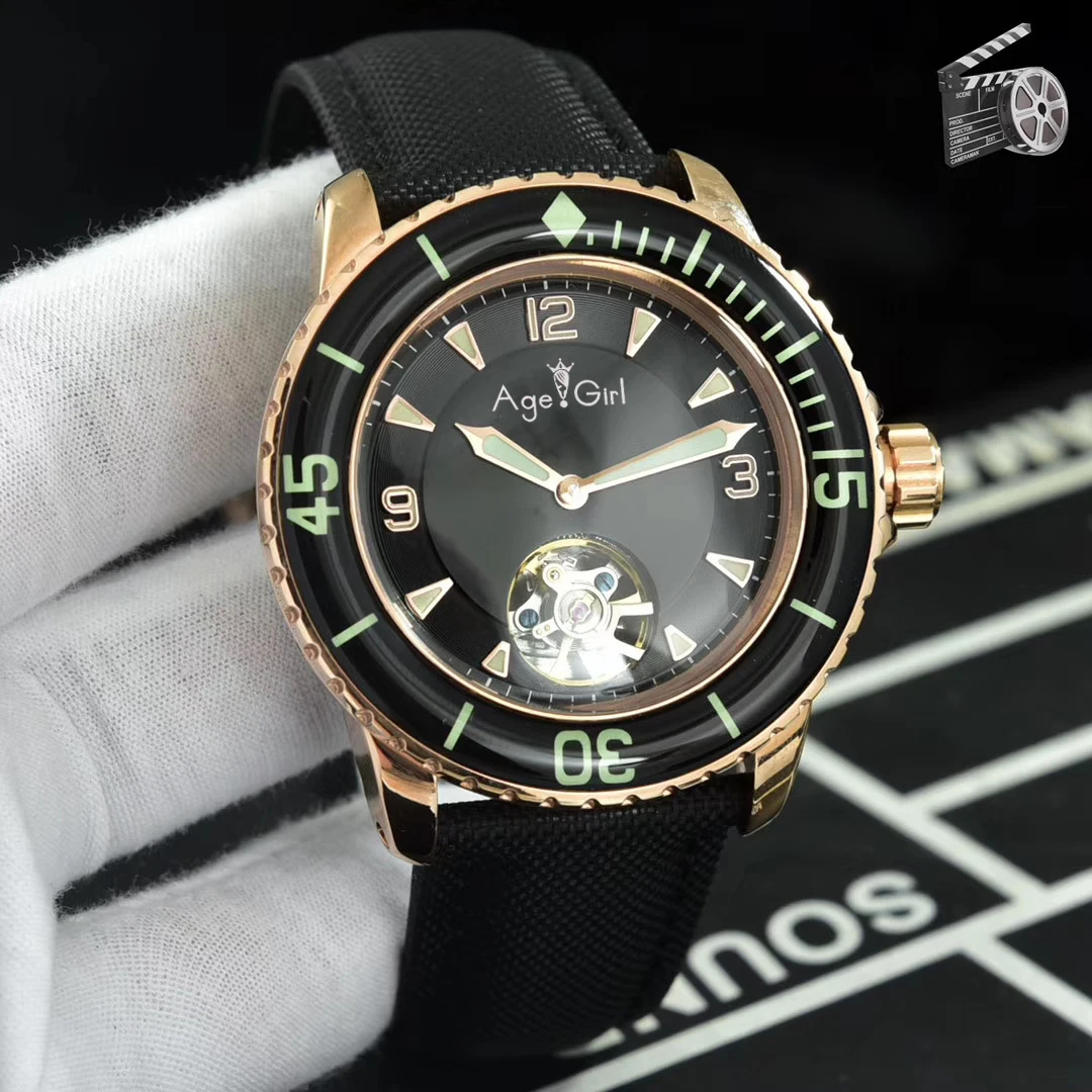 Gold Black Роскошные брендовые новые мужские часы из нержавеющей стали с сапфиром, японские автоматические механические часы с керамическим ободком, зеленые холщовые кожаные часы с турбином - Цвет: Gold Black
