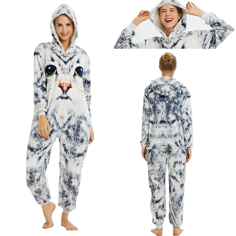 Рождество Пижамы Для Женщин Теплый Сгущает Зиму Пижамы Kigurumi Единорог Пижамы Синий Стежка Животных Симпатичные С Капюшоном Унисекс Взрослых Домашней Одежды - Цвет: 3 D cat