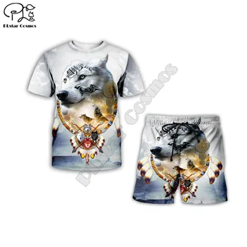 

Native Indian Wolf 3d printed Fashion Men for women t shirt hip hop Breathable Fitness Tshirt+shorts Suit style-3