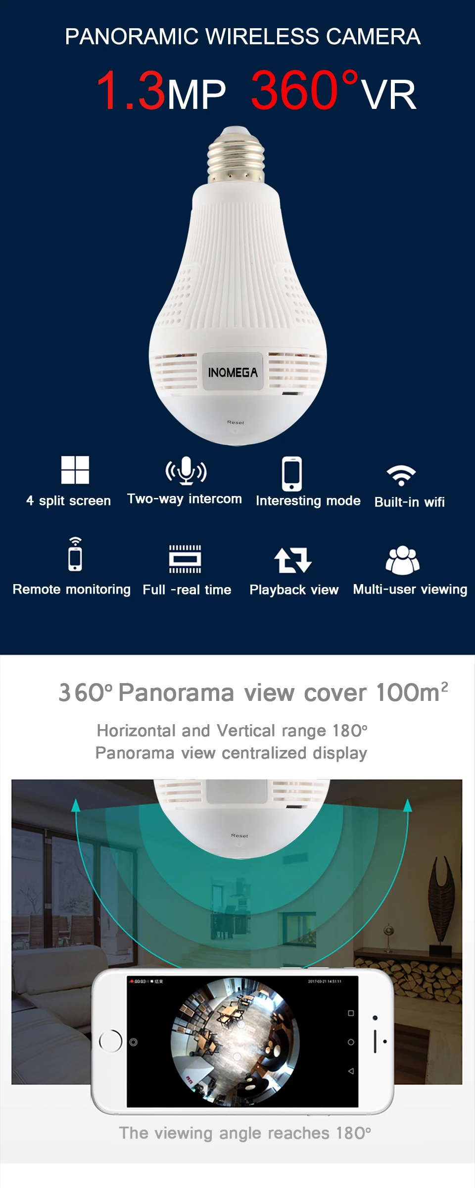 INQMEGA 360 Degree LED Light 960P Wireless Panoramic Home Security WiFi CCTV Fisheye Bulb Lamp IP Camera Two Ways Audio E27 Cam