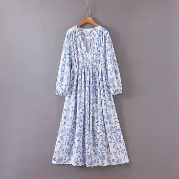 

2020 new Spring Summer European Blue and White Porcelain Printed Blue zaraing women Dress vadiming sheining female dress XDL2605