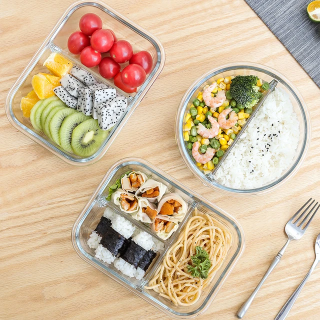 2 Compartment Kitchen Food Storage Containers with Lids Divided Glass Fresh Lunch  Glass Meal Prep Containers Glass Box - AliExpress