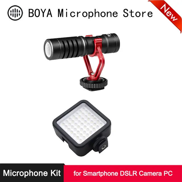 ميكرفون وضوء ليد من Boya للاستخدام مع الهاتف مع كيج قفص مناسب أو مع الكاميرات