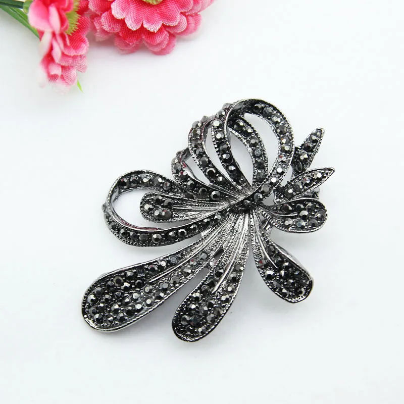 Стразы черный цветок броши для женщин винтажная антикварная серебряная брошь на