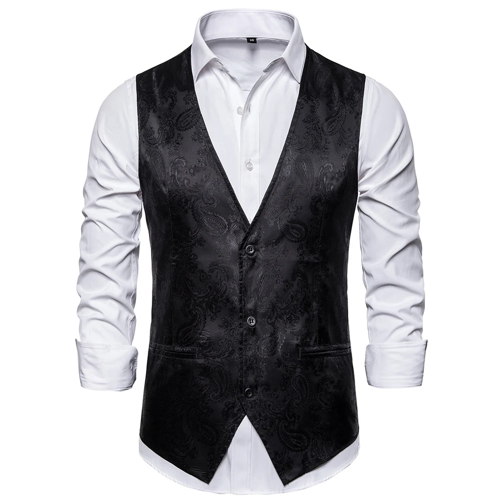 Puimentiua Men's vest suit vest Slim business solid color sleeveless vest with bow print single-breasted suit vest 2019