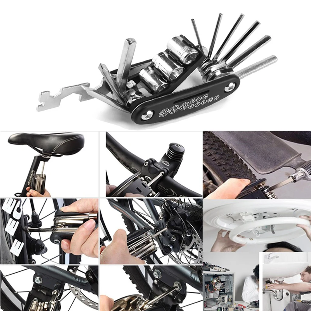 16 In1 Bike Bycicle Cycling Mini Fold Repair Tool Kit Multi-Function Hex Wrench Nut Tire Repair Hex Allen Key Screwdriver Socket