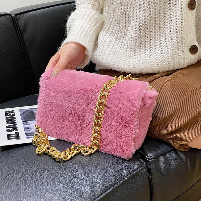 2022 Luxury Women Soft Faux Fur Flap Bags White Pink Crossbody Bag Evening Party Clutches Chain Shoulder Handbag and Purses | Багаж и