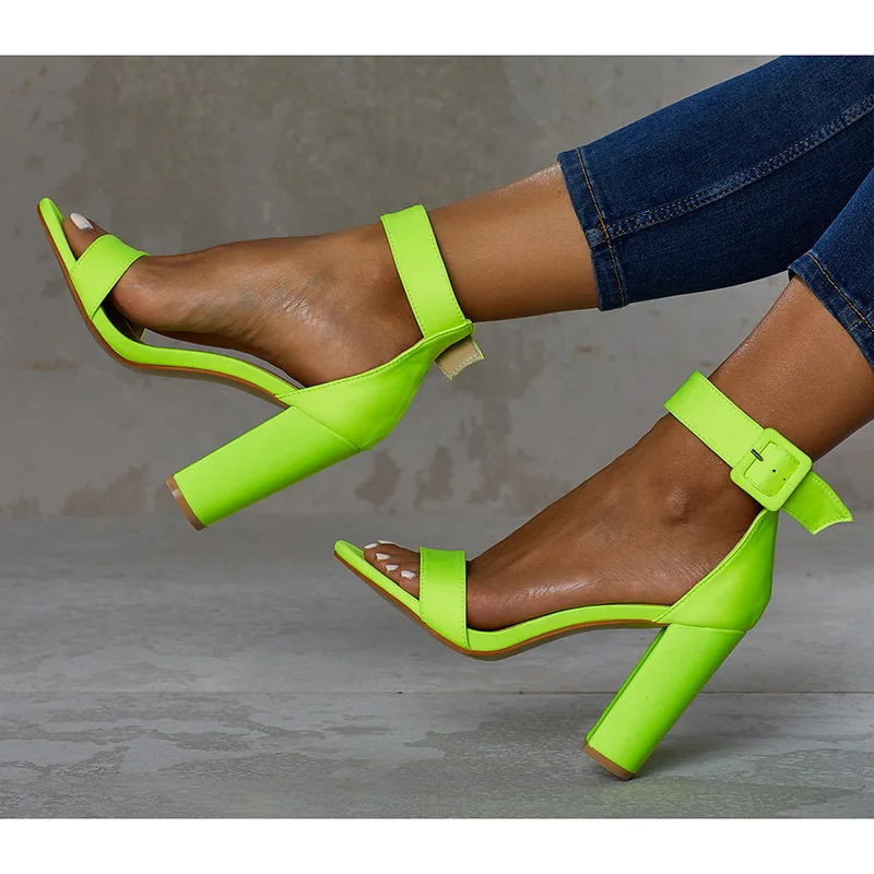 

Classics Leisure High Heels Sandals for Women Ankle Strap Cover Heel Summer Party Sandals Square Heels Buckle Solid Shoes