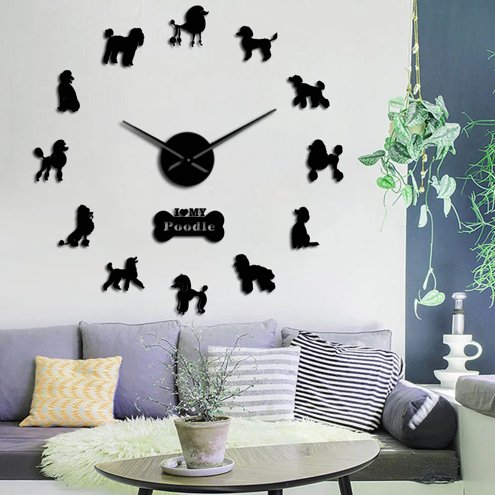 Billig Pudel Große Hand Moderne Wanduhr Pudelhund DIY Riesen Wanduhr Esszimmer Wand Decor Caniche Spiegel Effekt DIY Große wand Kunst