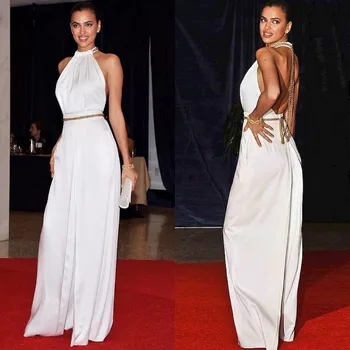 

Fashion White Halter Elegant Summer Rompers Pants Backless Sexy Fprmal Party Prom Gown Sleeveless A-Line Celebrity Evening Dress