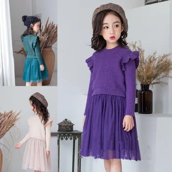 

2019 Autumn and Winter New Girls Dress Pullover Knitwear Mesh Baby Girls Dress Fashion Kids Knee-length Dress for Girls, #8128