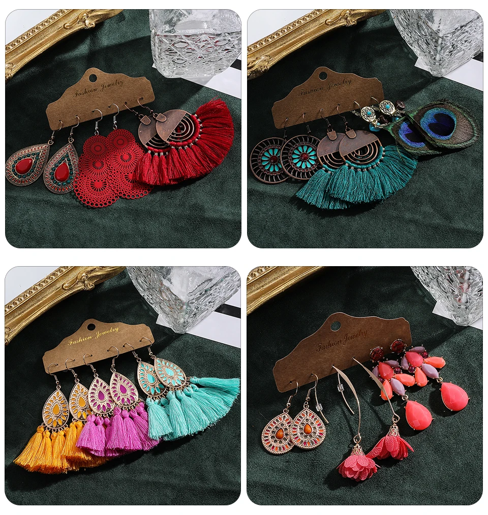 Ethnic Sundry Color Feather Tassel Earrings Sets Bundles for Women 2020 Boho Vintage Metal Water Drop Earring Jewelry Gifts Accessories Wholesale Dropshipping (240)