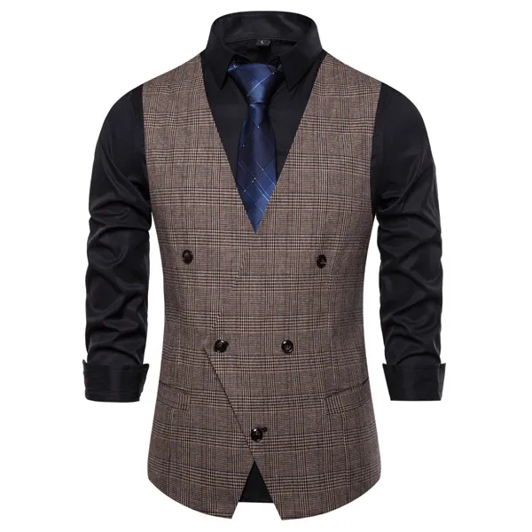 New Arrival Men Suit Vest Fashion Design Mens Slim Fit Black Gray Grid Vest Autumn Casual Men Single Breasted Waistcoat - Цвет: coffee