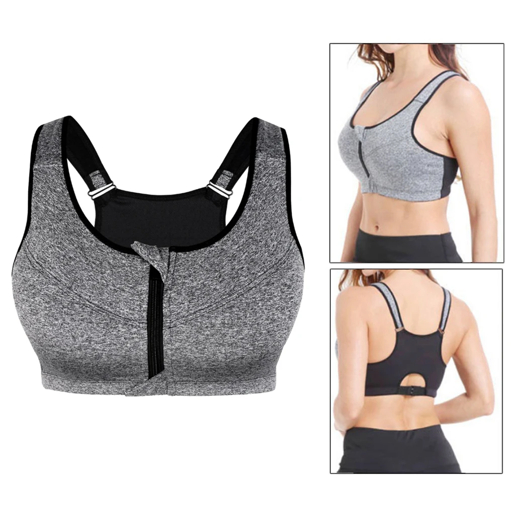 Womens Front Zip Sport Bra High Impact Support Workout Yoga Shock Absorber Adjustable Straps Push Up Bra Seamless Fitness
