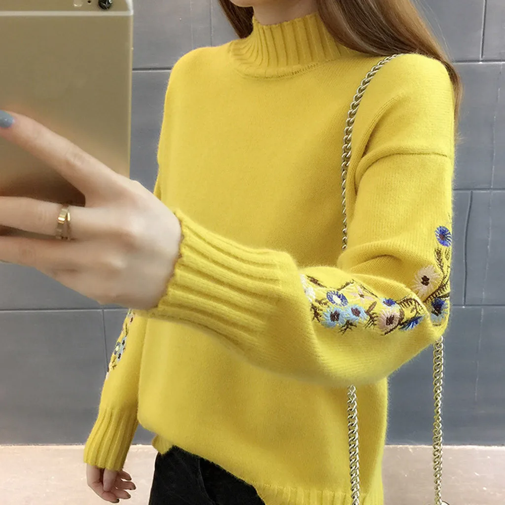 New Loose Thick Warm Winter Pullover Sweater Women Embroidery Jumper Half Turtleneck Long Sleeve Knit Yellow Sweater Female