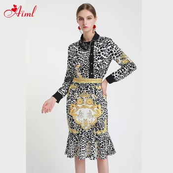 

Designer 2020 Summer 2 Piece Lapel Diamond irregular Long sleeve Vintage Leopard Print Fishtail Skirt Fashion Lady set New