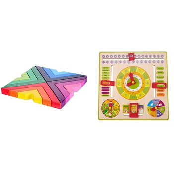 

Wooden Rainbow Stacking Game Stacker Geometry Building Blocks Nesting & Wooden Multifunction Flap Abacus Wood Clock