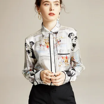 

Satin Silk Printed Shirt Lapel Long-sleeved Upper Garment New Model Women's Elegant 2020 Spring 100% Silk