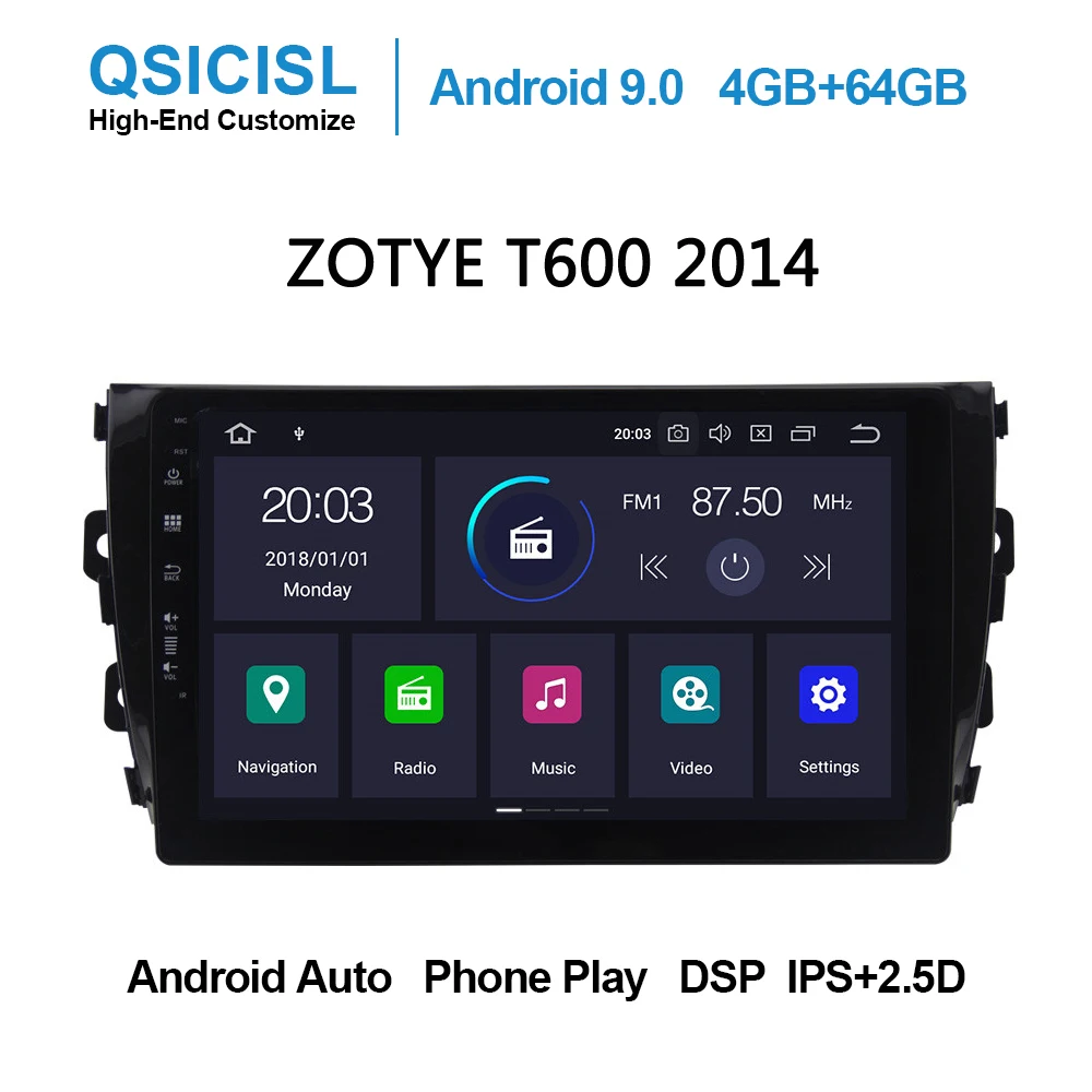 Android 9,0 ips 2.5D 10," автомобильный dvd мультимедийный плеер для ZOTYE T600 головное устройство радио Мультимедиа Стерео 4 Гб+ 64 Гб SWC WiFi DSP