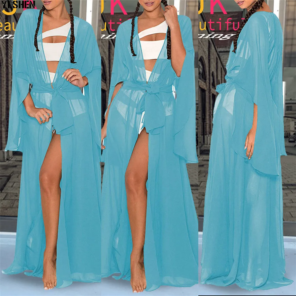 Blue African Dress Africa Dresses for Women Clothes Dashiki Bat Sleeve Cardigan Blouse Chiffon Maxi Dress Vestido Africano Robe 02