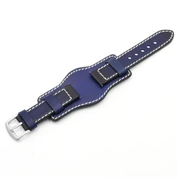 Vintage Handmade Genuine Leather Watch Strap Cuff with Matte Cowhide Band - 22mm (Blue)