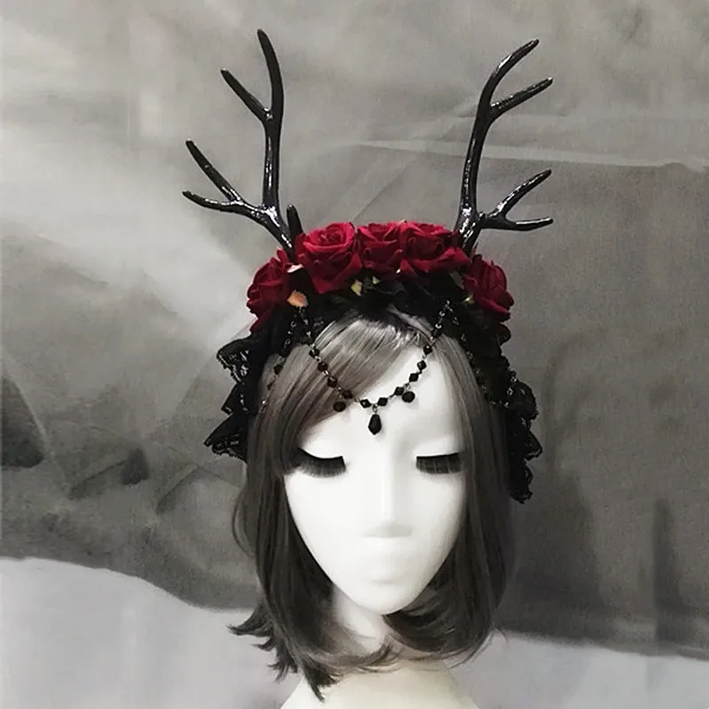 Lolita Black Reindeer Antlers Cosplay Veil Costume party Goth Handmade Hair band 