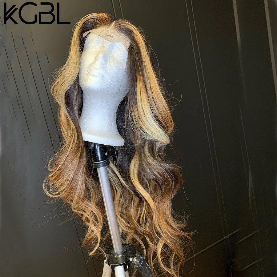 KGBL 13*6 эффектом деграде(переход от темного к объемная волна Синтетические волосы на кружеве человеческие волосы парик с волосами младенца "-24" бразильский-Реми 130% 150% плотность Средний соотношение