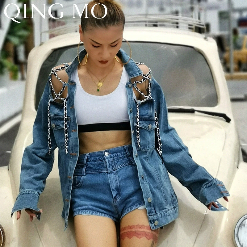 QING MO/женские мото и байкерские стильные женские джинсовые куртки с цепочкой, открытое пальто, Женское пальто с отложным воротником и длинным рукавом ZQY1369 - Цвет: blue