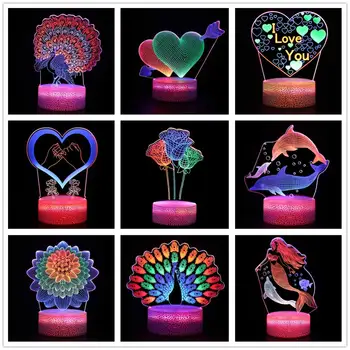 

Multicolor Lotus Rose Heart Fish led 3D Night Light Acrylic Colorful USB Touch Table Desk Lamp for Home Bedroom Decor Kids Gifts
