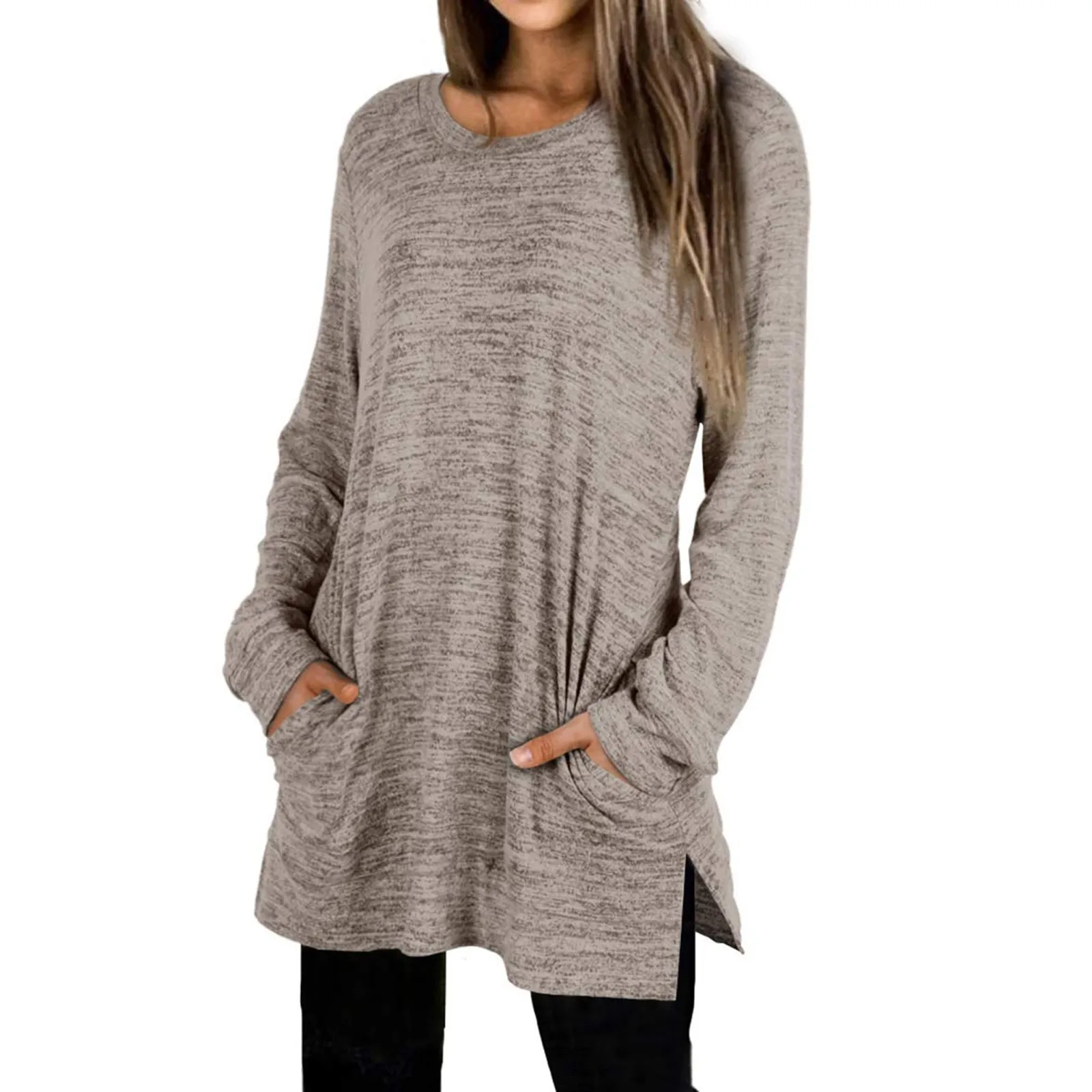 

Solid Color Pullover T-Shirt for Women Long Sleeve Tees O Neck Loose Tops Autumn Winter Tees Female Tunic