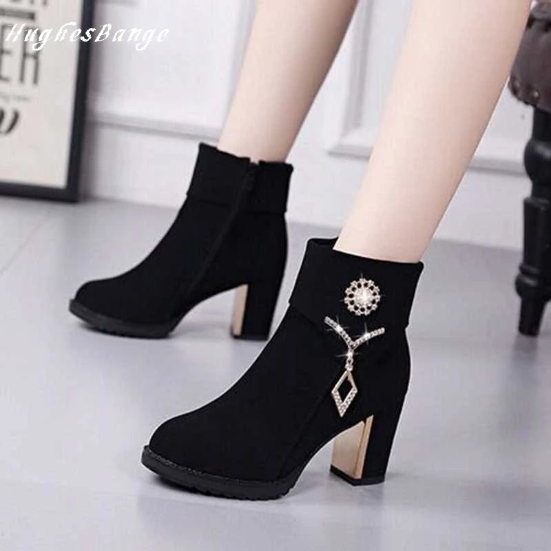 

woman shoes fashion for high heel black High-heeled Martin boots 2019 female autumnwinter new Scrub shor Rhinestone waterproof