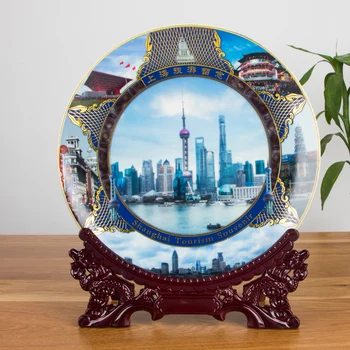

Jingdezhen Fine Porcelain City Landscape Decoration Plate Wooden Base Set Wedding Gifts