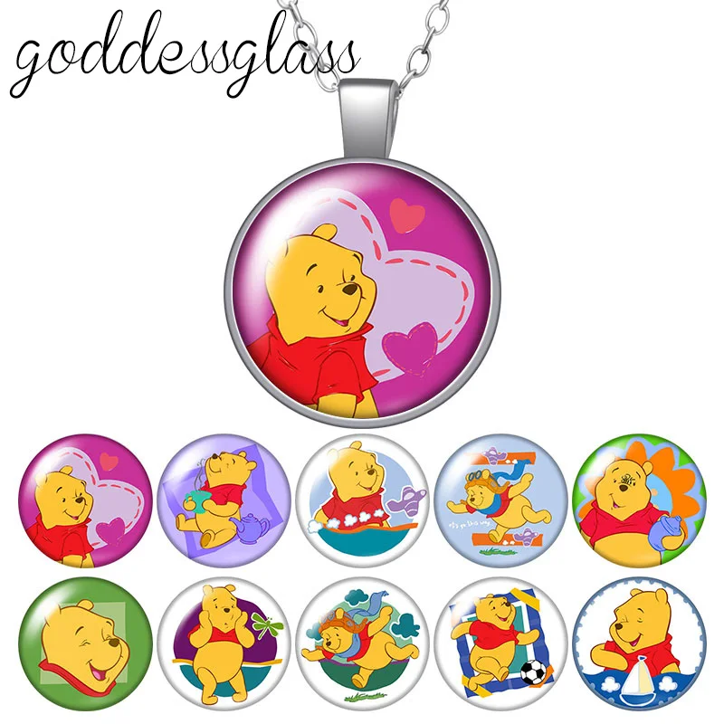 Disney Cute Winnie the Pooh Bear Cartoon Round Glass glass cabochon silver plated/Crystal pendant necklace jewelry for Gift | Украшения и