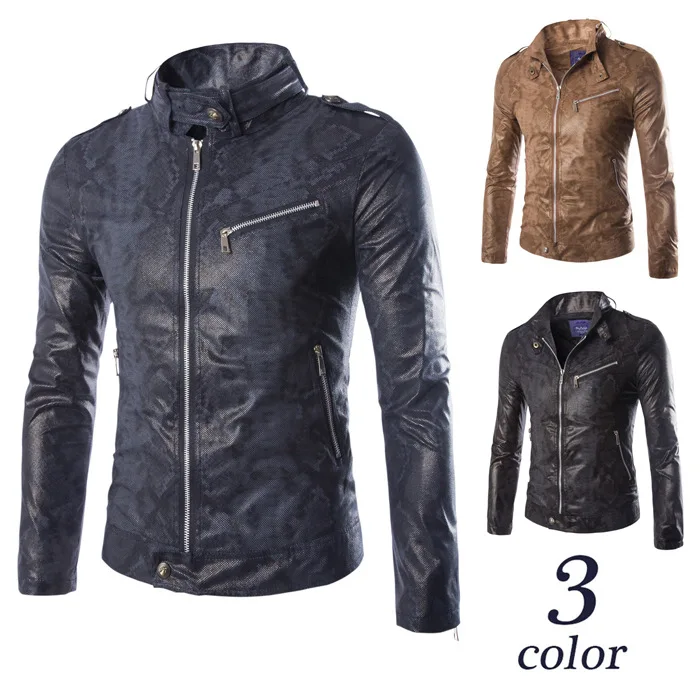 

Western Style Slim Fit Men Faux Snake's Skin Locomotive Leather Coat Fashion MEN'S Wear Men's Stand Collar Tops