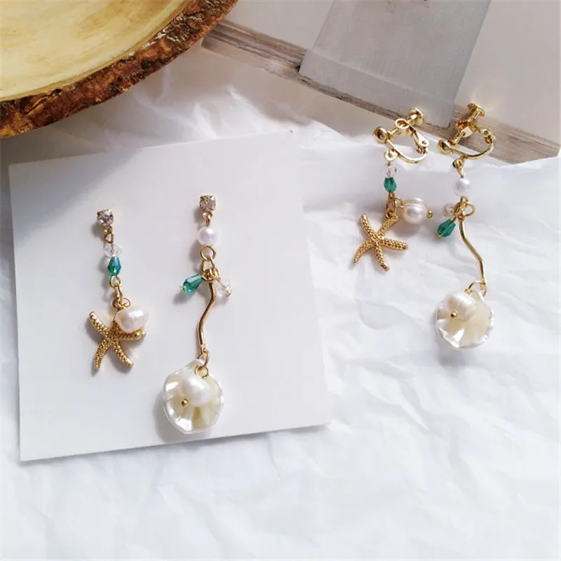 Fashion Freshwater pearls tassel earrings conch shells earrings female aesthetic asymmetric stud earrings for women jewelry