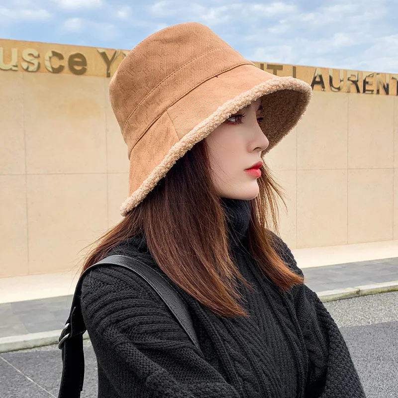 

Korean autumn/winter new spliced hat fashion versatile trend web celebrity lamb cashmere two-sided large brim basin hat