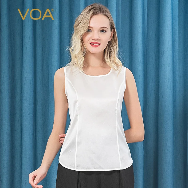 

Voa Satin Silk Round Neck Micro-elastic Simple Six-open Body Breathable Sleeveless Sports T-shirt Women B066 t Shirt Befree