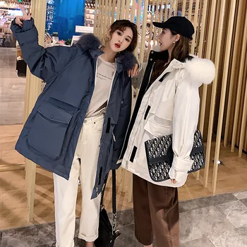 

2019 New Popular Korean Style Tooling Large Wool Collar Waist Thickening Outdoorn Winter Down Jacket Women