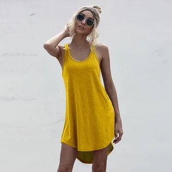 2021 Casual O-neck Sleeveless Y2K Tank Dress Summer Loose Off Shoulder Asymmetrical Cotton Mini Dress Women Streetwear Plus Size 1